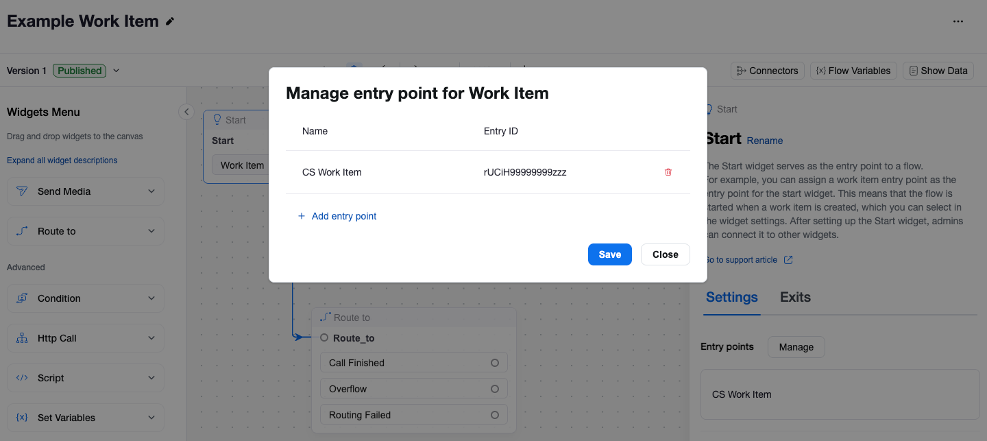 Screenshot showing how to link an Entry ID to a flow in Zoom Contact Center's flow builder