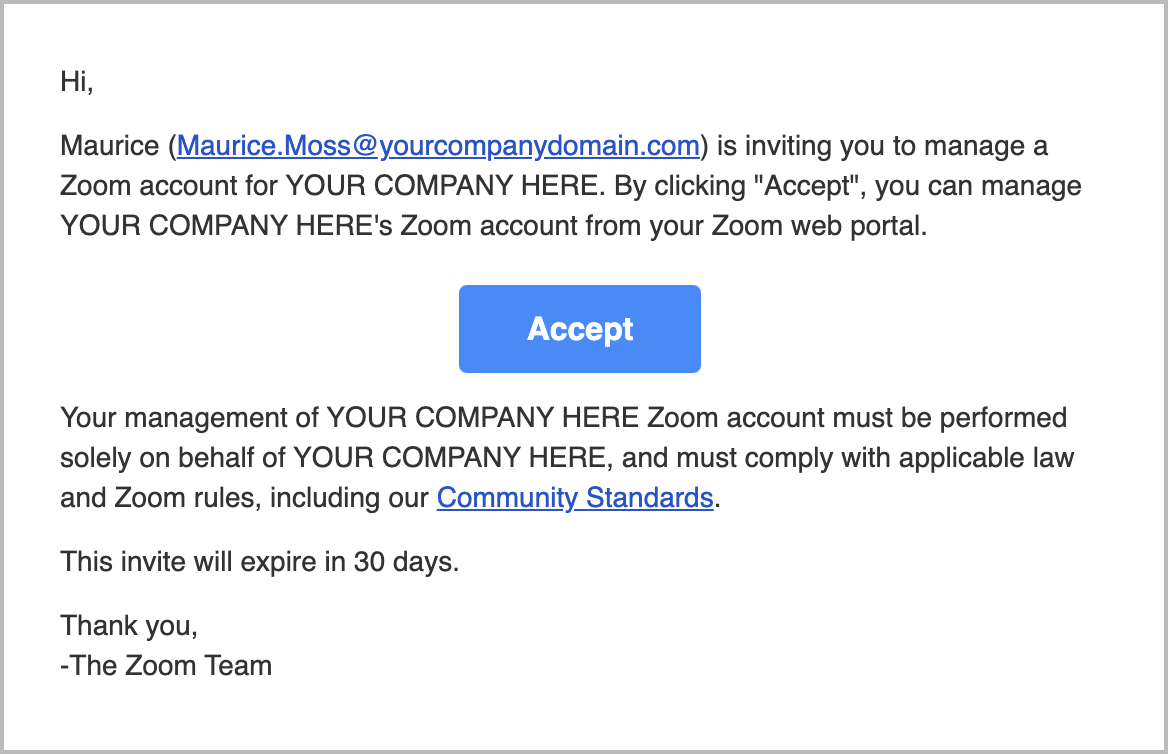 Ví dụ về email mà người dùng nhận được khi được mời làm quản trị viên được ủy quyền