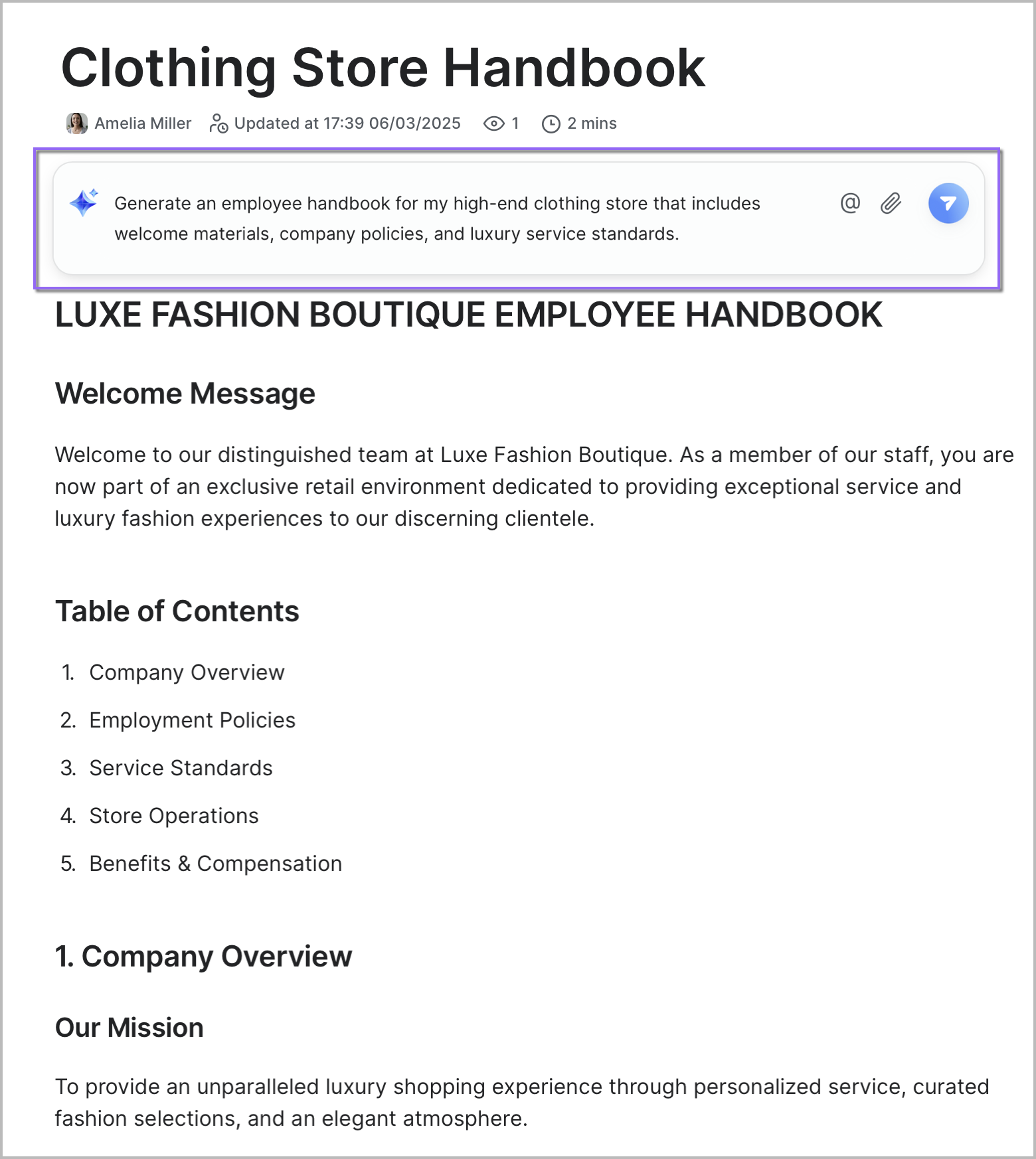 An image demonstrating Zoom AI Docs creating an Employee Handbook based on a prompt