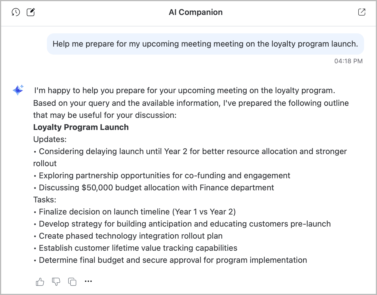 Image illustrating AI Companion summarizing info to help a user prepare for a meeting.