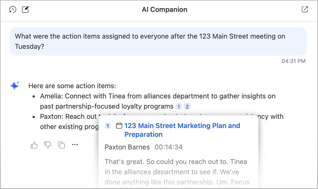AI Companion referencing a transcript in response to a user's question, including a source.