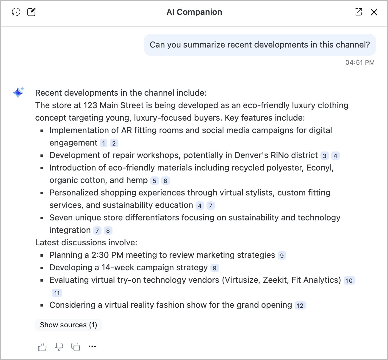 An image demonstrating AI Companion summarizing recent messages in a Zoom Chat channel