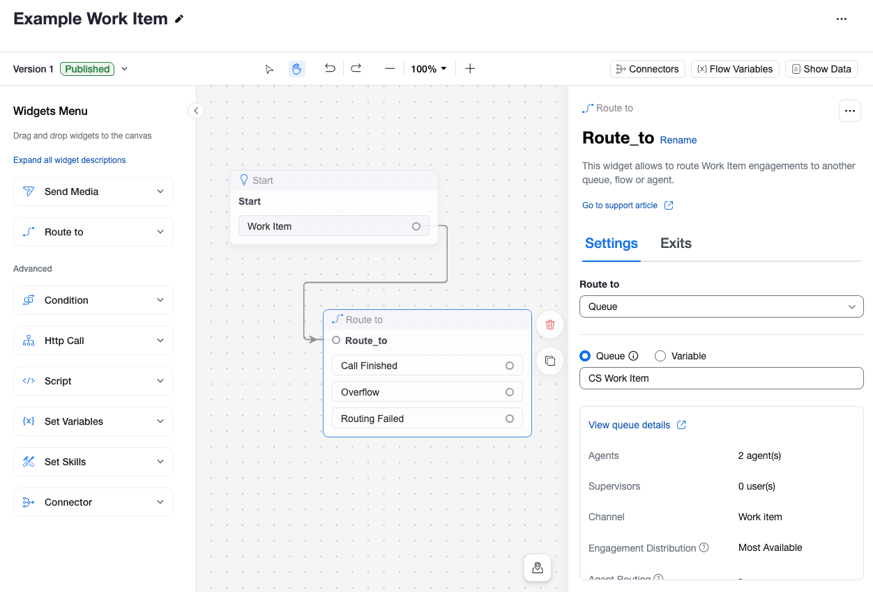 Widgets within Zoom Contact Center's flow builder creating a Work-Item flow